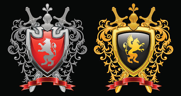 щит герба - heraldic griffin sword crown stock illustrations