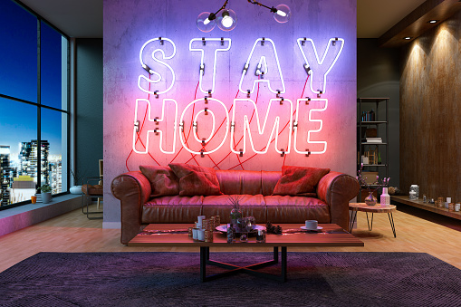 Neon Stay at Home Sign Quarantine Concept. 3d Render
