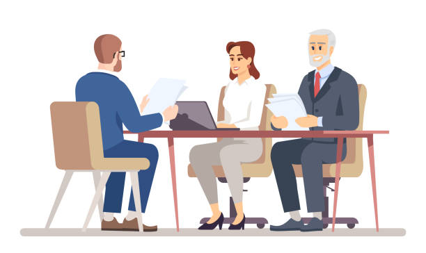 HR manager interviewing job applicant flat vector illustration. Business negotiations in office. Meeting with jobseeker, partner, client isolated cartoon characters on white background HR manager interviewing job applicant flat vector illustration. Business negotiations in office. Meeting with jobseeker, partner, client isolated cartoon characters on white background interview event designs stock illustrations