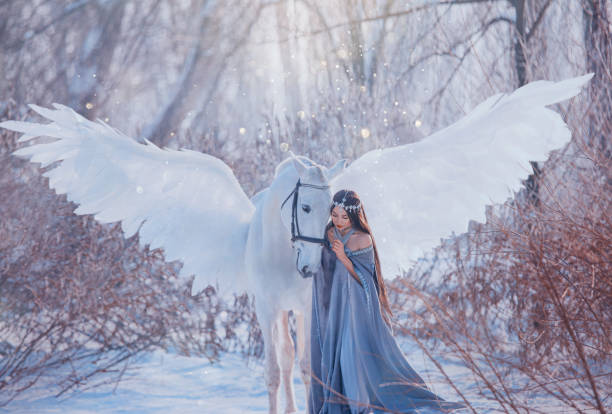 istock young beautiful woman goddess stroking mythical Pegasus, white magic wings. Brunette Long flowing hair wig. medieval princess vintage clothing cape. elf silver diadem tiara. winter nature snowy forest 1216209200