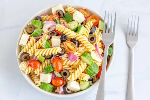 Pasta Salad on White Background, Healthy Food Photography