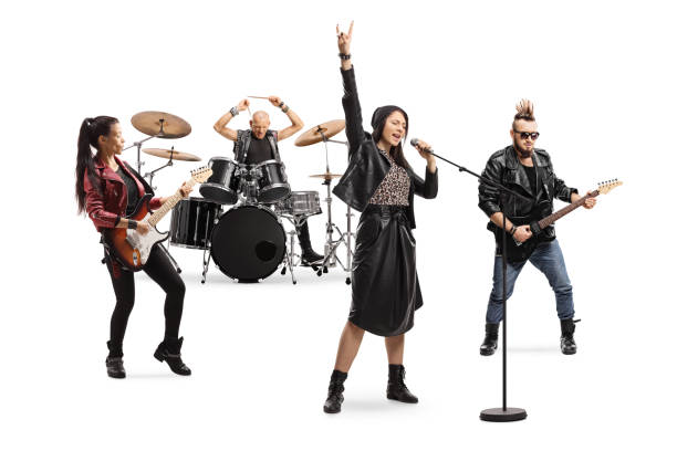 Female singer, male and female guitar players and a drummer in a band Female singer, male and female guitar players and a drummer in a band isolated on white background bass guitar photos stock pictures, royalty-free photos & images