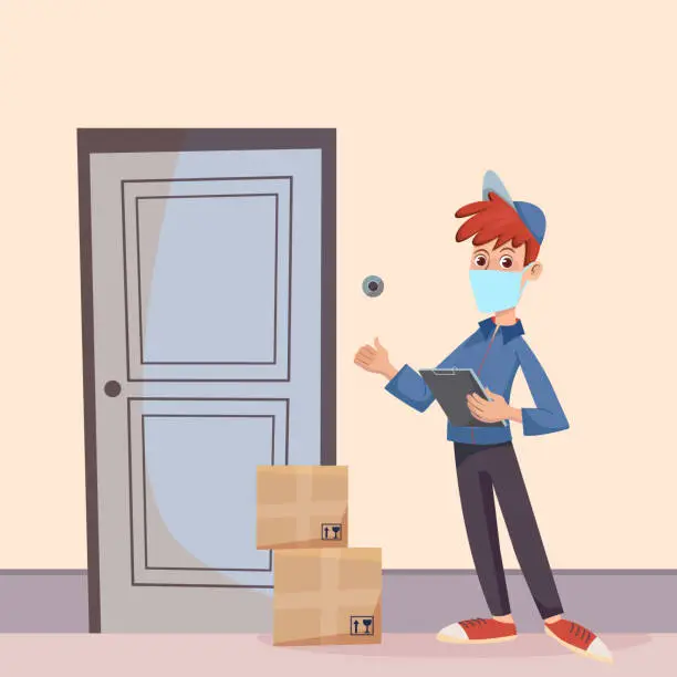Vector illustration of Delivery man in a medical mask standing at the door with parcels. Fast Delivery service to the door by courier concept. Cartoon character vector illustration