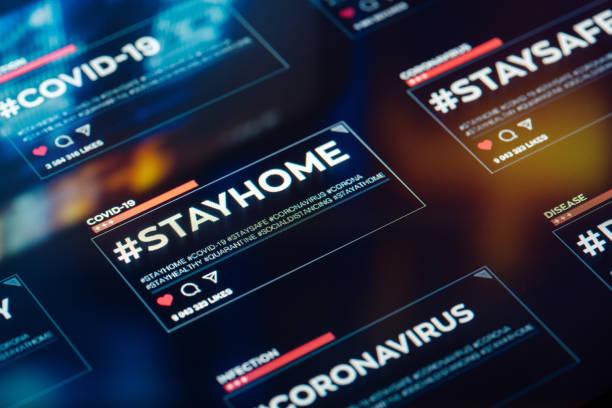 istock #stayhome. Stay home hashtag close-up on digital display 1216214752