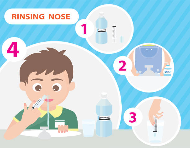 rinsing nose rinsing nose with saline vector illustration flushing toilet stock illustrations