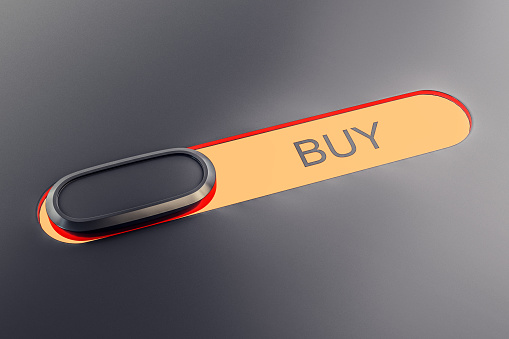Yellow push buttons buy isolate on gray background. Finance and trade concept. 3D Rendering