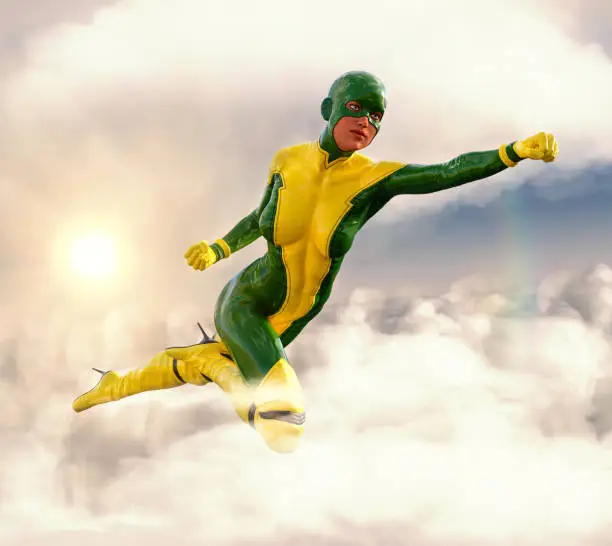 Photo of Costumed female superhero flying through cloudy sky