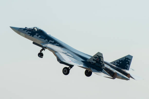 Airshow on a summer day August 30, 2019. Zhukovsky, Russia. fifth-generation promising Russian multi-functional fighter Sukhoi Su-57  at the International Aviation and Space Salon MAKS 2019. moscow international air show stock pictures, royalty-free photos & images