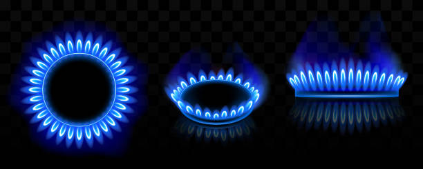 gasbrenner mit blauer flamme, glühender feuerring - natural gas gas burner flame stock-grafiken, -clipart, -cartoons und -symbole