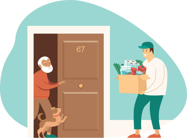 Fresh Groceries and Food Delivery for Elderly People Fresh Groceries and Food Delivery for Elderly People. Old Senior  Senior man Receiving Parcel. Meal Basket as Social Help and Support. Volunteerism. Online Order Service during quarantine community outreach illustrations stock illustrations