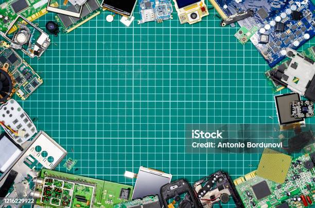 Components Top View Electronics Workers Workplace Top View With Disassembled Electronics ...