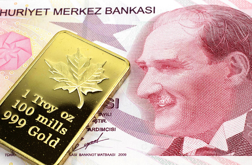 A macro image of a red ten lira note from Turkey with a gold bar.  Shot close up.