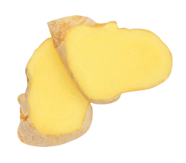 istock Fresh Ginger root  slices isolated on white background. Top view. Flat lay 1216231118
