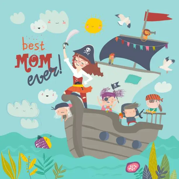 Vector illustration of Cute mother pirate sailing with her kids in ship