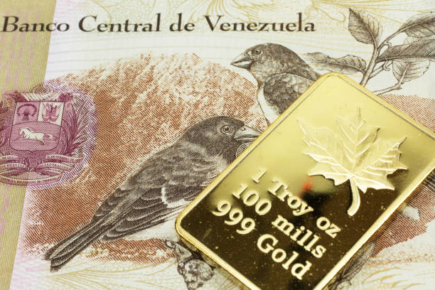 A tan hundred Bolivar note from Venezuela with a gold bar in macro stock photo