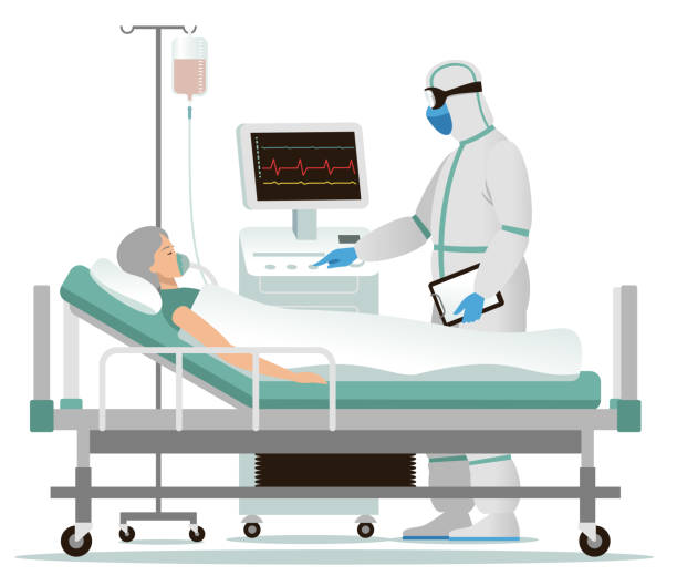 illustrazioni stock, clip art, cartoni animati e icone di tendenza di donna infetta in ospedale - hospital healthcare and medicine doctor hospital ward