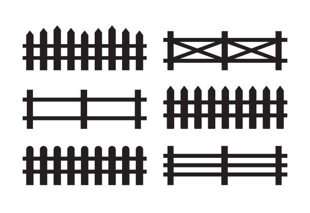 zestaw wektorowy o różnej czarnej sylwetce ogrodzenia izolowanej na białym tle - farm gate stock illustrations