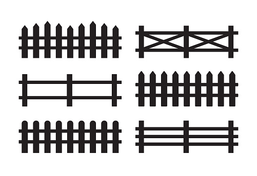 Vector set bundle of different black fence silhouette isolated on white background