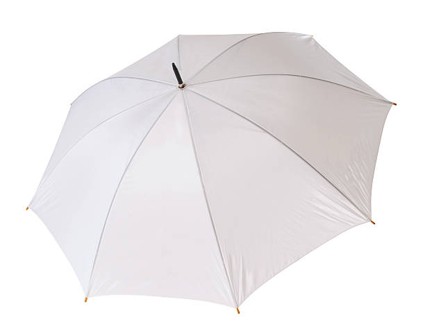 A white open umbrella with steel colored spokes