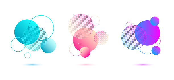 Vector set of holographic gradient background sphere. Different neon circle gradients. Colorful round buttons isolated on white background.