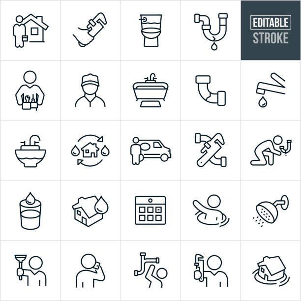 plumbing thin line icons - bearbeitbarer strich - faucet water drop house stock-grafiken, -clipart, -cartoons und -symbole