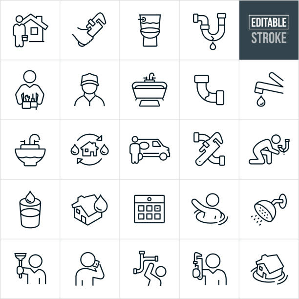 Plumbing Thin Line Icons - Editable Stroke A set of business plumbing icons that include editable strokes or outlines using the EPS vector file. The icons include plumbers, a plumber at a residential house, hand holding a pipe wrench, toilet, broken pipe, plumber with tool and tool belt, filled bathtub, clogged pipe, kitchen faucet, filled sink, plumbers van, fixing leak, leaky pipe, calendar with appointment, person sinking in water, shower, plumber holding plunger, person calling a plumber, plumber holding a pipe wrench and a house sinking in water to name a few. faucet leaking pipe water stock illustrations