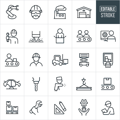 A set of manufacturing icons that include editable strokes or outlines using the EPS vector file. The icons include a manufacturing robotic arm, engineer wearing hardhat, factory, warehouse, worker holding wrench, spot welder, people on an assembly line, drafter on computer, forklift, automobile being manufactured, drill press, paint sprayer, steel, boxes on a crate, hand holding a wrench, square and pencil, person with cog, inspector and other related icons.