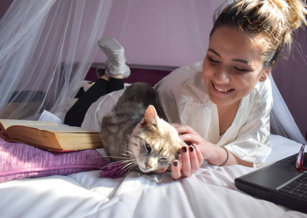 istock Woman in bed having a break from working, petting a cat 1216244031