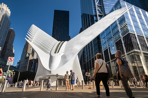 Manhattan, New York - September 17, 2019:  The Oculus World Trade Center Transportation Hub in Lower Manhattan replaced the PATH train station that was destroyed in the 9/11 attacks.  The Oculus serves as the centerpiece of the World Trade Center Transportation Hub