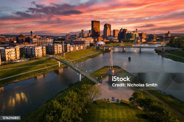 Colorful Cityscape Sunset Stock Photo - Download Image Now - Ohio, Dayton - Ohio, Urban Skyline