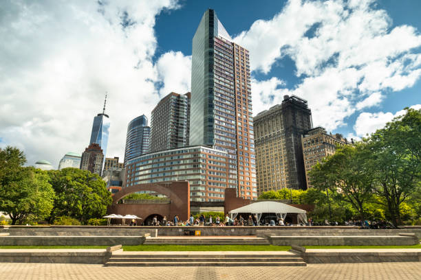 Manhattan, New York - September 18, 2019:  Robert F Wagner Jr Park in Battery Park Lower Manhattan near the financial district of New York USA