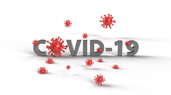 3D Coronavirus COVID-19 bold text on a white background. Custom virus-cell 