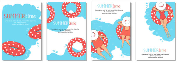 Set of summer-themed posters. Inflatable lifebuoys, women in hats and the sea. Set of summer-themed posters. Inflatable lifebuoys, women in hats and the sea. Summer vacation on the beach. Colorful vector illustrations. polka dot bathing suit stock illustrations