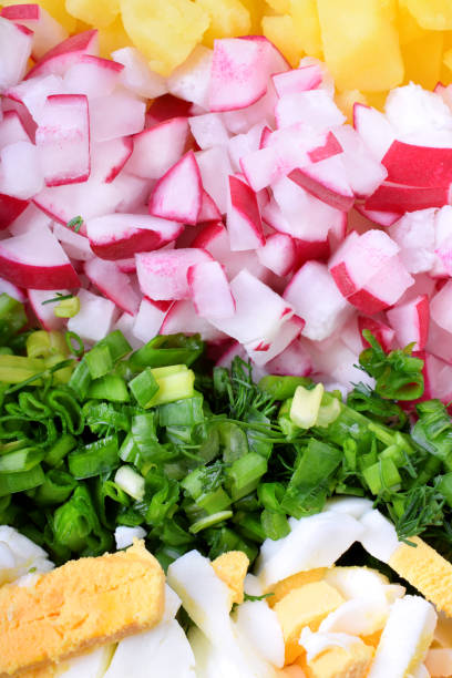 Ingredients for making a meal chopped into small pieces and laid into rows