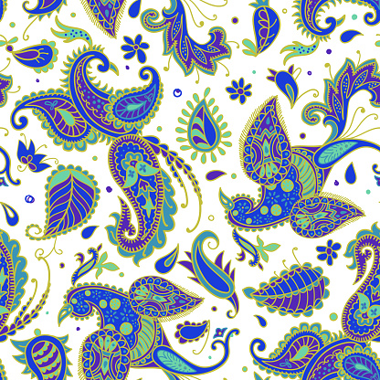 Vector seamless pattern. Firebirds and floral elements in Paisley style.