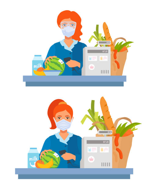 ilustrações de stock, clip art, desenhos animados e ícones de the grocery store cashier scans purchases. a girl in a medical mask and protective glasses. coronavirus prevention. - supermarket worker