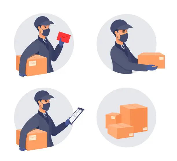 Vector illustration of Delivery of packages during the epidemic. Boy worker in a cap, an uniform, medical gloves, mask covered face.