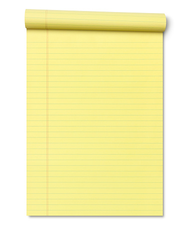 Rolled Up Yellow Lined Note Pad isolated on white background