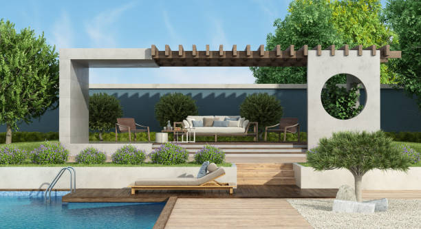 istock Modern garden with concrete gazebo and swimming pool 1216252240