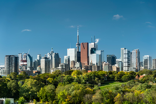 Toronto, Canada - October 10, 2019:  Downtown Toronto Canada cityscape skyline view over Riverdale Park in Ontario, Canada