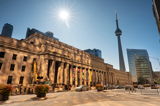 Toronto, Canada - October 10, 2019:  People walk to the railway trains at historic Union Station on Front Street in downtown Toronto Ontario Canada