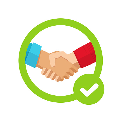 Success agreement confirmation sign with check mark or approved trust partnership decision make with tick symbol vector icon flat, concept of cooperation settlement, positive commitment proposal sign