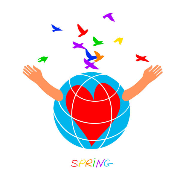 istock Spring. The globe with children's hands releases colored birds. The inscription spring. Globe icon vector logo 1216256823