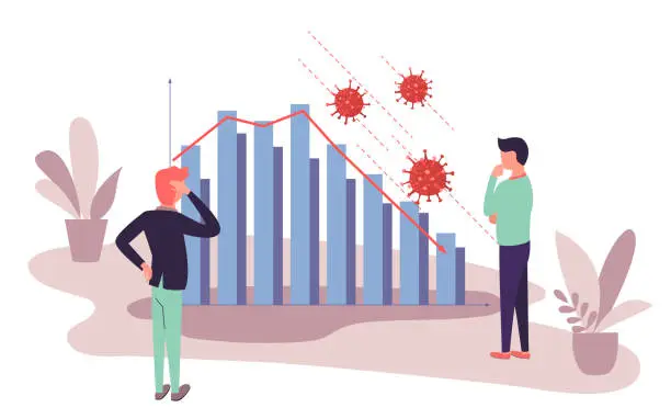Vector illustration of Businessmen analyzing market fall occured by coronavirus outbreak. Data graph with falling trend due to Covid-19 world pandemic. Quarantine financial crisis.