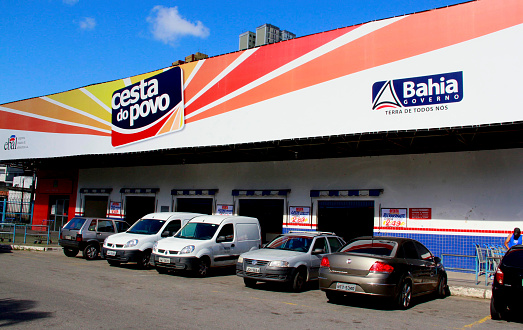 salvador, bahia / brazil - october 25, 2013: facade of the Cesta do Povo supermarket, on Avenida Ogunja in the city of Salvador, managed by Empresa Baiana de Alimentos S.A (EBAL).\