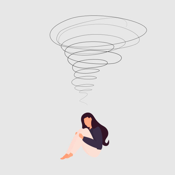 istock A very cute sad woman is sitting with her knees pressed down. Overhead a whirlwind of emotions and feelings. Experience. Flat cartoon style. Vector. Fatigue from the negative. Depression. Isolated 1216259825