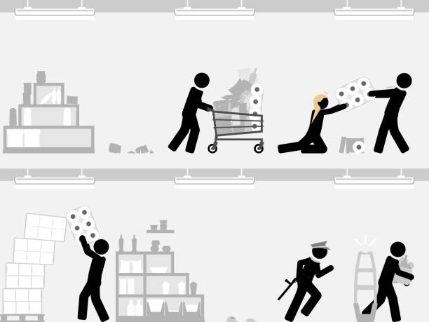 ilustrações, clipart, desenhos animados e ícones de pânico em supermercado compra em meio a temores de emergência - shoplifter