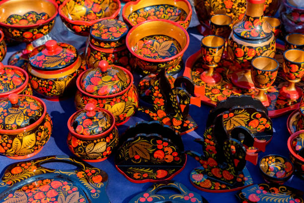 istock Famous Russian souvenir wooden tableware made in Khokhloma 1216261086