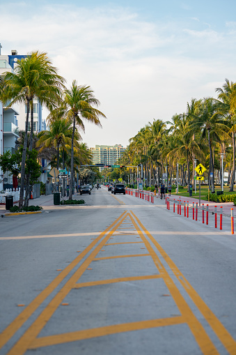 Miami Beach, FL, USA - March 31, 2020: Middle of street photo Miami Beach Ocean Drive Coronavirus Covid 19 shut down quarantine