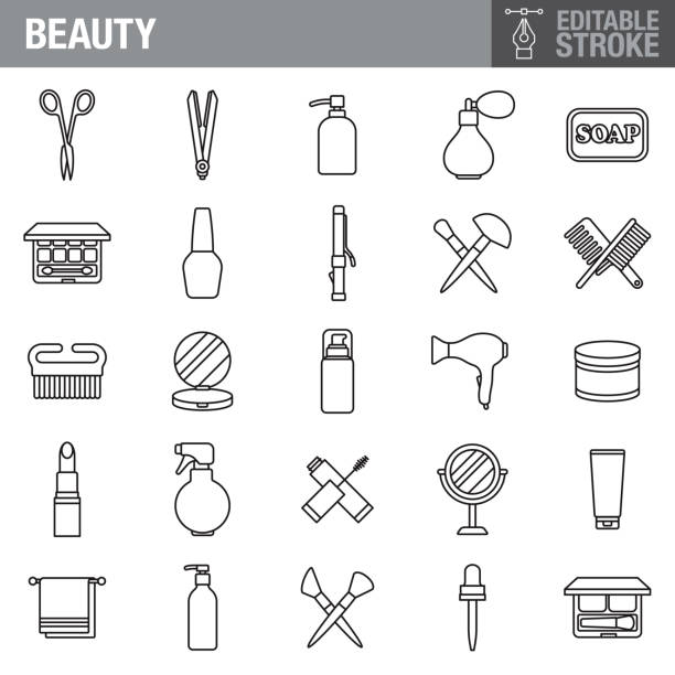 Beauty and Cosmetics Editable Stroke Icon Set A set of editable stroke thin line icons. File is built in the CMYK color space for optimal printing. The strokes are 2pt and fully editable: Make sure that you set your preferences to ‘Scale strokes and effects’ if you plan on resizing! compact mirror stock illustrations